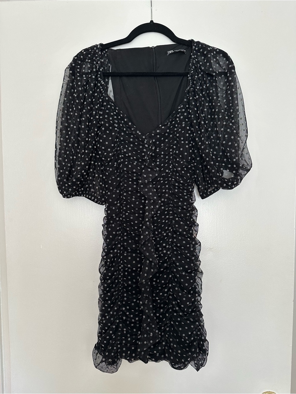 Zara Black Polka Dot Puff Sleeve Ruched Mini Dress